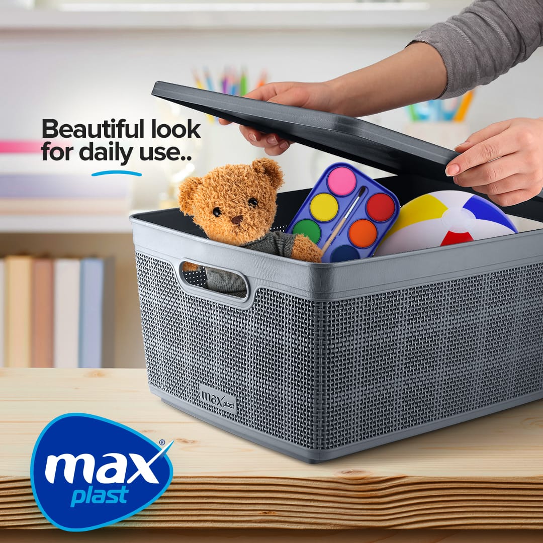 Gray storage basket with toys and stationery, labeled 'max plast'.shop_this_look_amDhCa